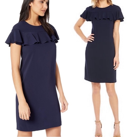 Trina Turk Charleston Ruffle Front Navy Blue Cutout Shift Tunic Dress - 6 - Picture 2 of 13